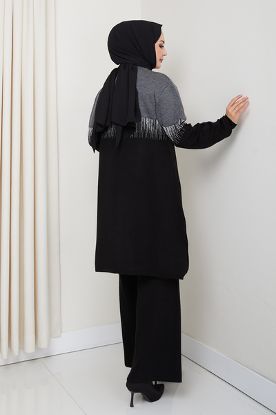 MODAQU Su Yolu Glitter Knitwear Tunic Trousers Set - Black