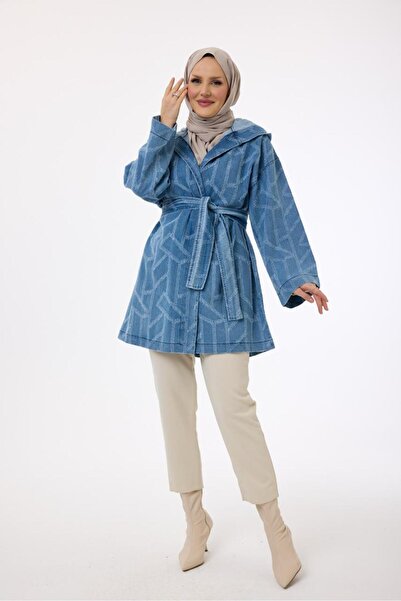 My City 6147 - Stylish Comfortable Hooded Waist Belt Tied Long Tunic Denim Jacket