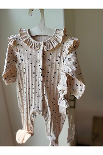 NATÜREL BEBE GİYİM ÇİÇEKLİ FIRFIR DETAYLI BANDANALI PATİKLİ TULUM