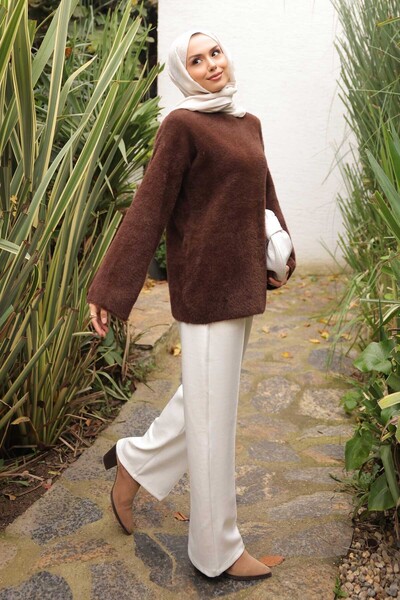 İmajButik Brown Mock Neck Angora Soft Knitwear Sweater