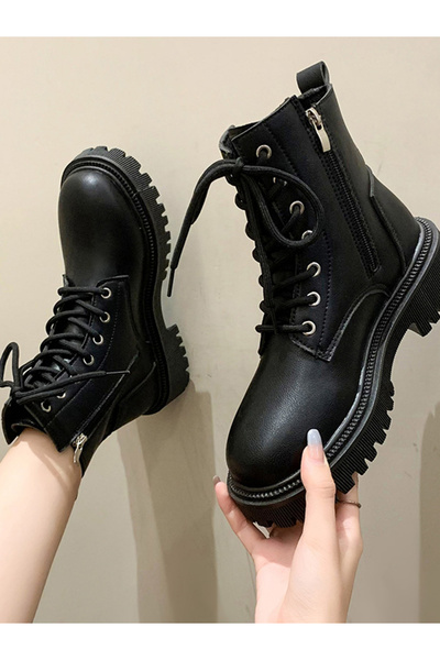 Take Two By Styli Black Solid Lace-Up Ankle Boots