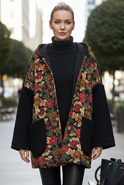 Chiccy Italian Black Long Sleeve Pocket Hooded Casual Boucle Oversize Woven Jacket 78 70