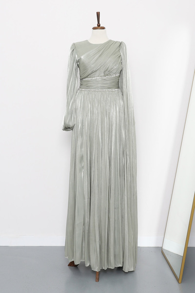 İmajButik Mint Belted Gathered Stone Evening Dress