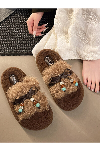 Take Two By Styli Plush Slides with Beaded Bow