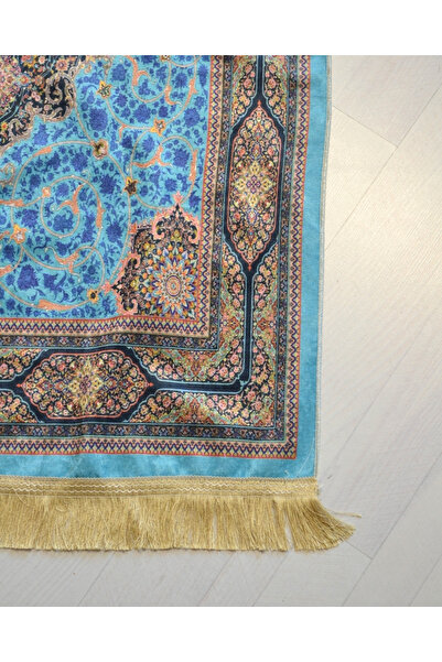 Bilenler Practical and Portable Silk Textured Prayer Rug with Bag – Turquoise with Carpet Pattern – Zippered