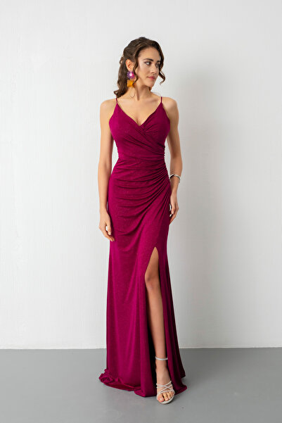 Lafaba Kadın Fuşya Sırt Dekolteli Simli Uzun Abiye Elbise