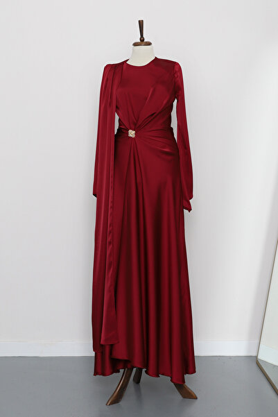 İmajButik Burgundy Cape Front Draped Satin Evening Dress