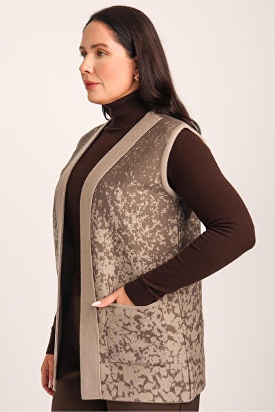 Uludağ Triko Women's Sand Brown Knitted Vest with Patterned Pockets