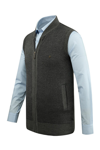 Çizgi Triko Men's Knit Vest with Zipper Pockets Steel Knitwear Classic Fit - 5015J