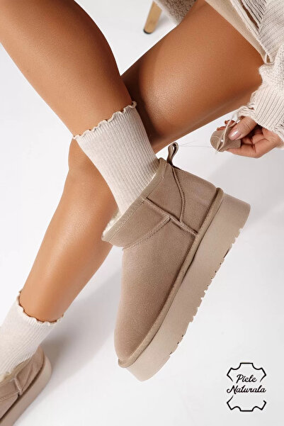 Zaira Cizme scurte dama îmblanite tip Ug khaki din piele naturala intoarsa Al...