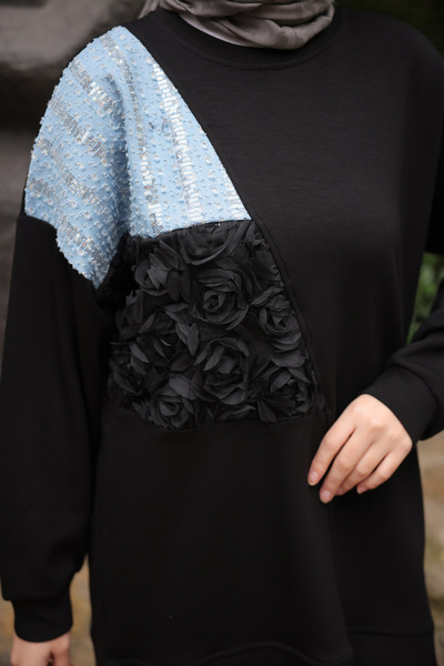 İmajButik Black Denim Paneled Modal Tunic Trouser Suit