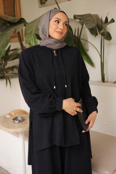 İmajButik Black Angora Soft Cardigan Pants Set