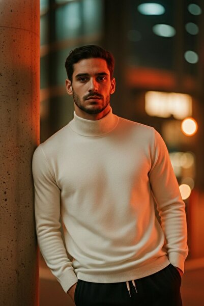 COMBİNE MİCHAİL Ανδρικό πλεκτό πουλόβερ με μισό ζιβάγκο κρεμ