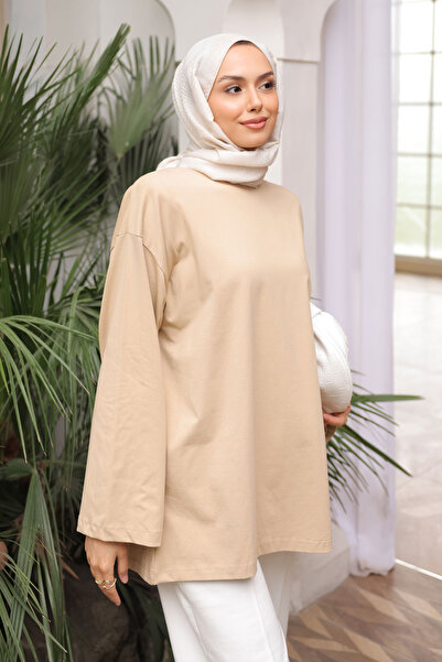 İmajButik Πουλόβερ με λαιμόκοψη ποδηλάτης oversized μανίκια από λεπτό βαμβακερό χτενισμένο ύφασμα