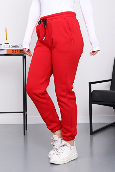 İmajButik Pantaloni de sport roșii cu trei fire Ş cu căptușeală din fleece