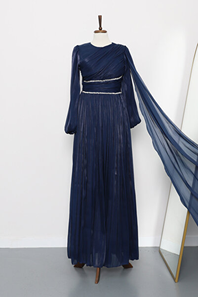 İmajButik Rochie de seară cu piatră, cu talie înaltă, albastru bleumarin