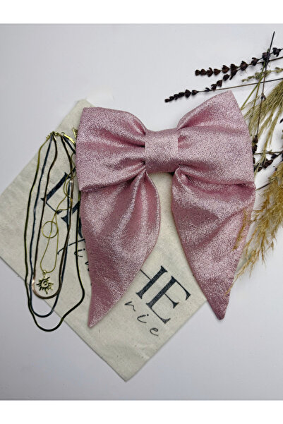 Licshe Büyük Boy Simli Pembe Fiyonk Toka + 2’li Paslanmaz Çelik Kolye Seti