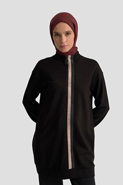 Armine TREND Glitter Striped Detail Half Zipper Tunic Black 25Kt407