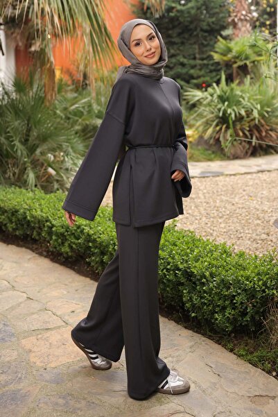 İmajButik Anthracite Tie-Waist Tunic with Pants Modal Set