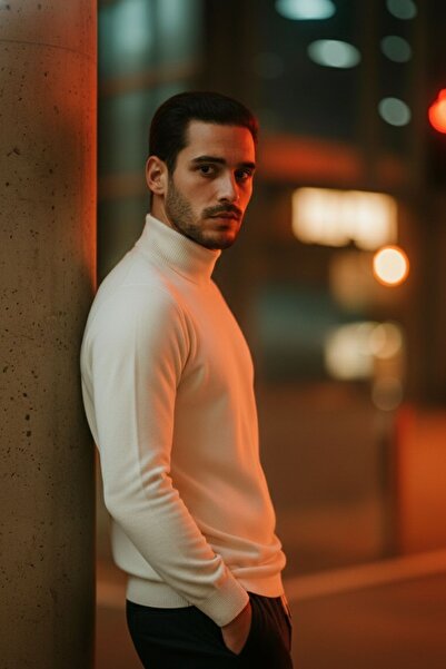 COMBİNE MİCHAİL Ανδρικό πλεκτό πουλόβερ με μισό ζιβάγκο κρεμ