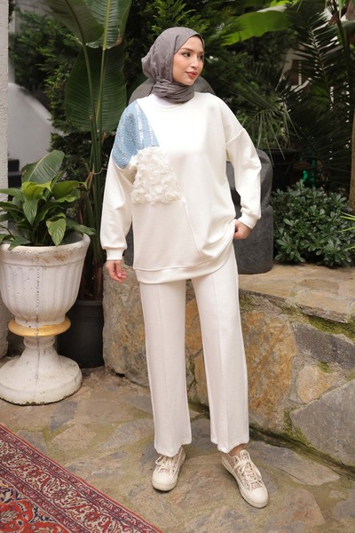 İmajButik Ecru Kot Paneled Modal Tunic Trouser Suit