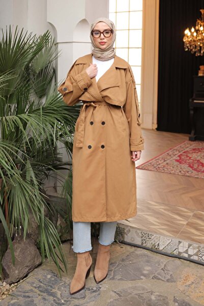 İmajButik Καμελ διπλό πέτο Καμπαρντίνα με επένδυση με γιακά