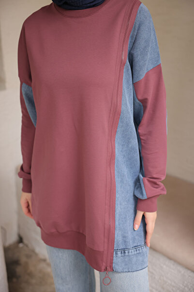 İmajButik Dusty Rose Denim Paneled Modal Tunic
