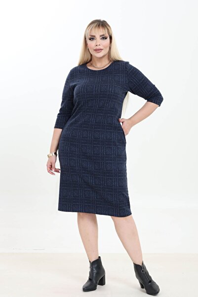 modayız Double Pocket Patterned Stretchy Winter Plus Size Midi Dress 29C-2757