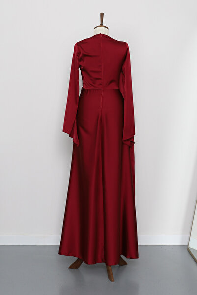İmajButik Burgundy Cape Front Draped Satin Evening Dress