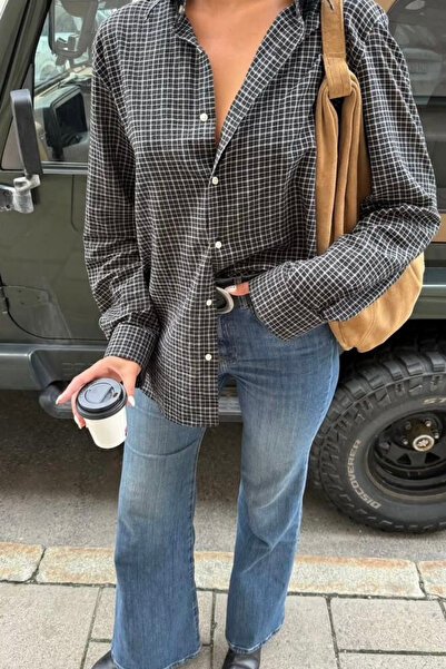 Hola Lady Gri Ekose Over Fit Gömlek HL7229