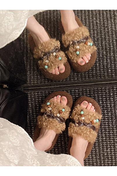 Take Two By Styli Plush Slides with Beaded Bow