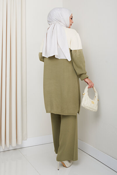 MODAQU Su Yolu Glitter Knitwear Tunic Trousers Set - Khaki