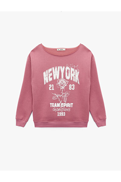 Koton Comfortable Fit Fleece-Lined Long Sleeve Wide Round Neck Printed Sweatshirt