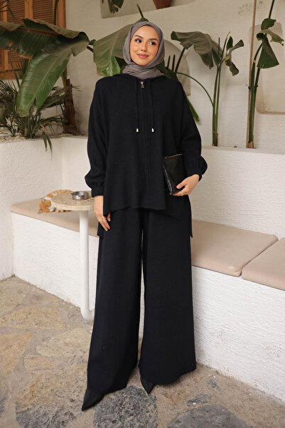 İmajButik Black Angora Soft Cardigan Pants Set