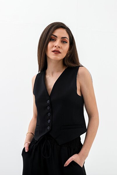 VELİZADE Дамска тъмносиня жилетка с V-образно деколте, копчета и джобове | Жи...