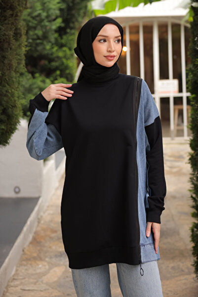 İmajButik Black Denim Paneled Modal Tunic