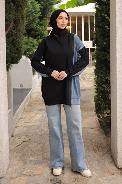 İmajButik Black Denim Paneled Modal Tunic