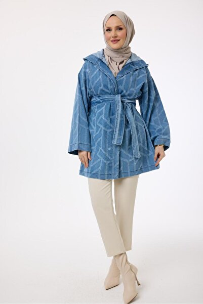 My City 6147 - Stylish Comfortable Hooded Waist Belt Tied Long Tunic Denim Jacket