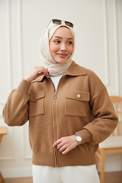 NEWCO Rita Gold Detail Polo Neck Soft Textured Angora Cardigan Stone