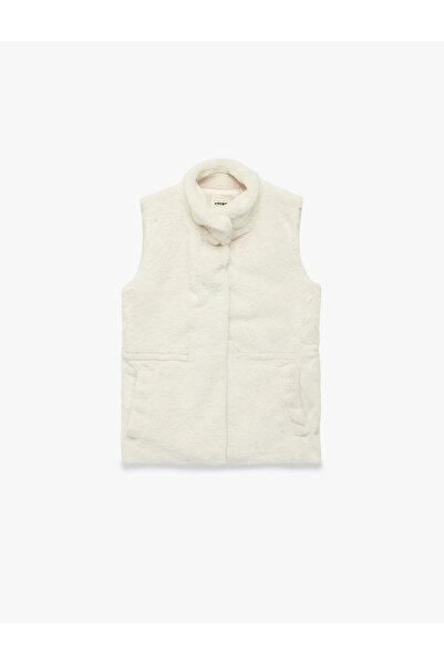 Koton Mock Neck Zippered Faux Fur Vest with Pockets