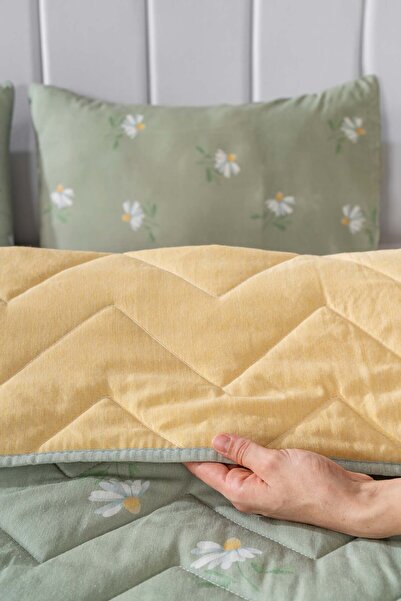 Rivaİstanbul Green Daisy Quilted Double Cotton Pique & Bedspread