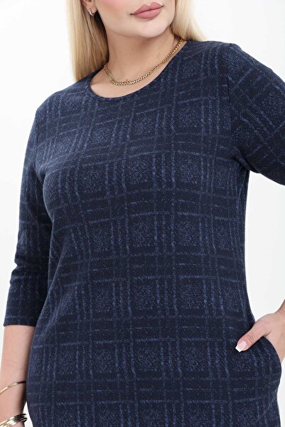 modayız Double Pocket Patterned Stretchy Winter Plus Size Midi Dress 29C-2757