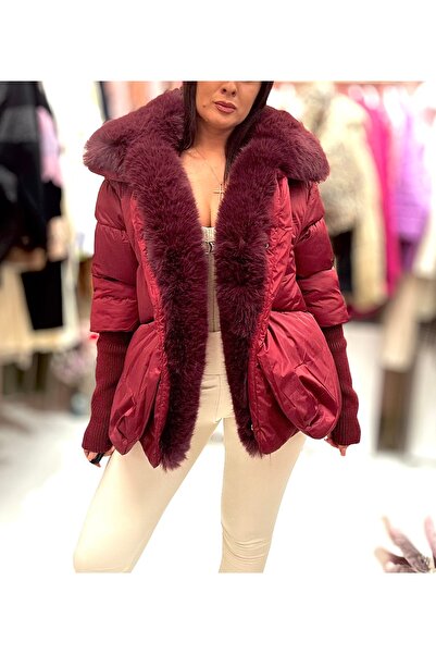 Brielle Women's Quilted Puffer Jacket with Knitted Sleeves and Detachable Fur - Premium