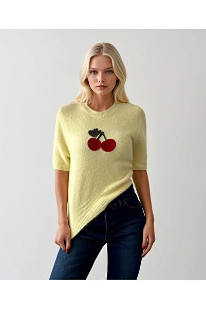 OYERGA MODA Women's Short Sleeve Cherry Patterned Sweater