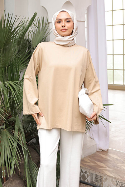 İmajButik Πουλόβερ με λαιμόκοψη ποδηλάτης oversized μανίκια από λεπτό βαμβακερό χτενισμένο ύφασμα