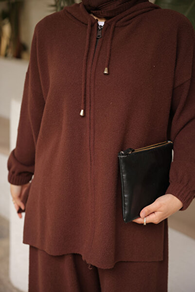 İmajButik Brown Angora Soft Cardigan Pants Set