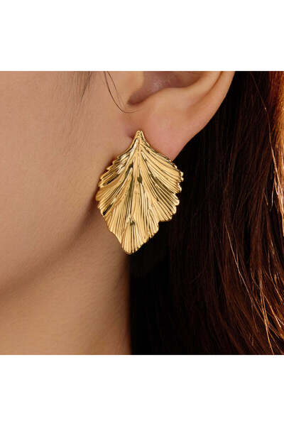 Just Pretty Corner 18 K Gold Plated PVD Leaf Texture Stud Earrings for Women