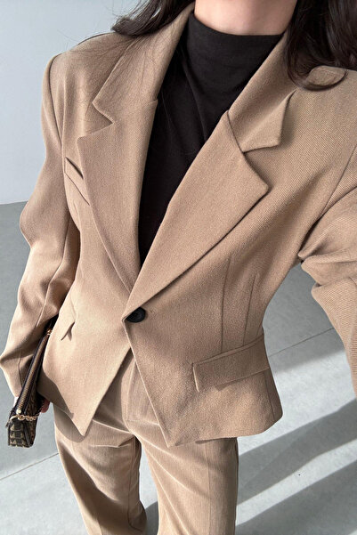 My Blog Camel Single Button Pencil Jacket Pants Set - 9480