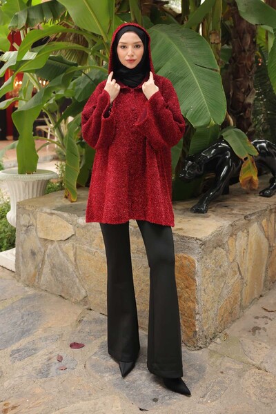 İmajButik Burgundy Hooded Button Glittery Knitwear Cardigan