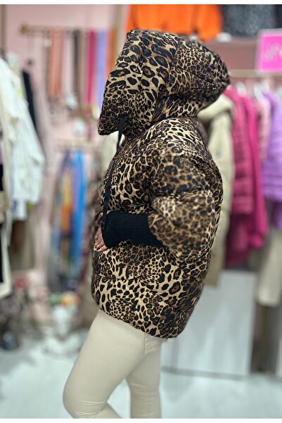 Brielle Women's Quilted Puffer Jacket with Knitted Sleeves Animal Print-Leopard